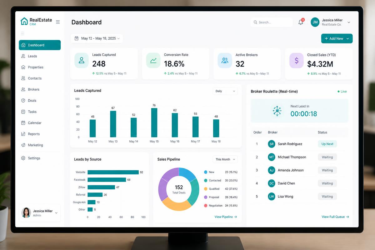 Dashboard SmartS PDV com métricas em tempo real, gráficos de leads e painel da roleta de corretores